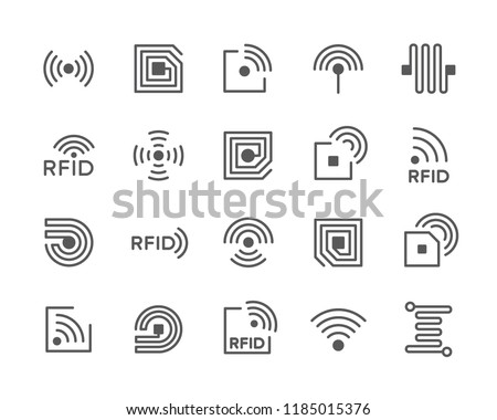 Set of vector Radio-frequency identification and RFID chip line icons. Antenna, circuit, semiconductor, computer, tag, wire, wireless and more.