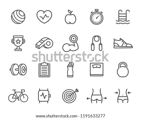 Set of sport, fitness and gym line icons. Target, smart watch, bicycle, libra, bottle, clipboard, dumbbell, barbell, whistle, jump rope, biceps, sneaker, trophy cup, pool, timer, rubber ball and more.