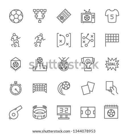 Set of Soccer Line Icons. Stadium, Field, Ball, Player, Trophy, Stopwatch, Whistle, Scoreboard and more. Pack of 48x48 Pixel Icons