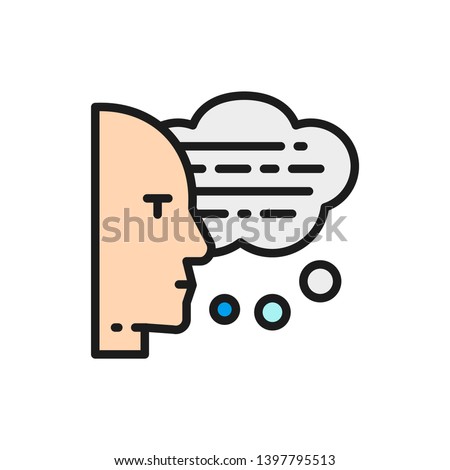 Man with speech bubbles, thoughts, conversation, voice recognition, reading aloud flat color icon.