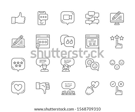 Set of Feedback Line Icons. Customer Review, Chat, Message, Speech Bubble, Dislike, Like, Positive, Negative, Choice, Sms, Email, Comment, Emoticons, Reputation and more.