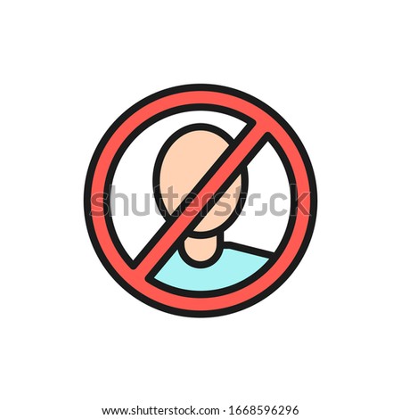 Forbidden sign with man face, no verification, no scanning flat color line icon.