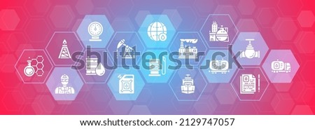 Oil industry banner template with white icons. Fuel Truck, Engineer, Gasoline, Cargo Ship illustration concept for website or infographic.