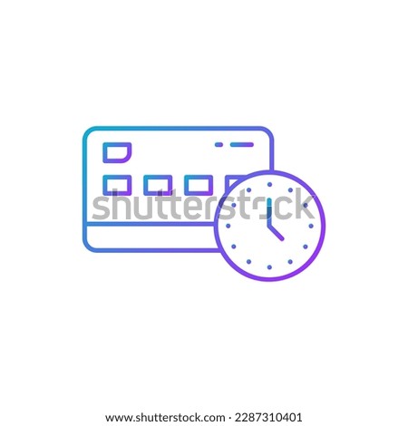 Credit card with clock, money payment processing, time is money gradient lineal icon. Shopping, online banking, finance symbol design.