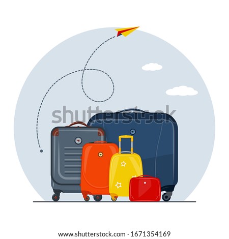 Travel concept vector illustration in flat style design. Time to Travel tourism poster design. Airplane flight route with start point and dash line trace near the tourists luggage. Vacation banner