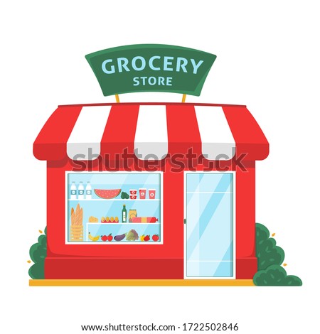 Grocery shop front. Store facade flat illustration. Eco, organic local store building exterior. Products on shelves. Fruits and vegetables market. Flat isolated vector illustration on white background