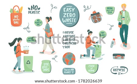 Eco vector illustration. Zero waste lifestyle. People sorting waste and use eco bag and reusable cup. Hand drawn elements of zero waste life. Eco-friendly character. No plastic.  Flat isolated design