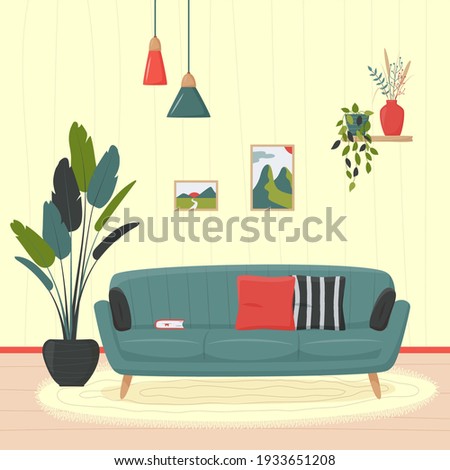 Cute minimalistic interior. Blue sofa with pillows and book. Home plants and decorative elements. Cozy living room flat vector illustration. Trendy scandinavian hygge interior.