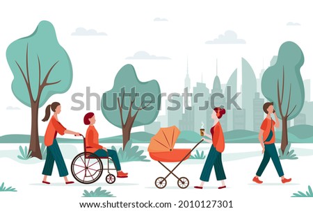 Outdoor activity. People walking in the city park. Mom with a baby carriage, woman in wheelchair with an accompanying person, young man. Urban recreation concept, diversity concept