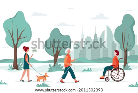 Outdoor activity. People walking in the city park. Girl with a dog, elderly woman with nordic walking sticks, woman in wheelchair. Urban recreation concept, diversity concept