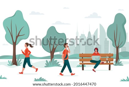 Outdoor activity. Young people walking in the city or university park. Jogging girl, young man, freelancer with laptop on a bench. Urban recreation concept, college campus, remote working