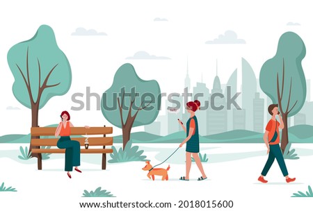 Outdoor activity. Young people walking in the city park. Girl with a dog, young man, young woman with phone on a bench. Urban recreation concept
