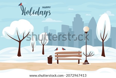 Winter city park with snow and city silhouette. Bench in winter city park, winter holidays concept in flat cartoon style. City park landscape. Happy Holidays lettering. Vector illustration