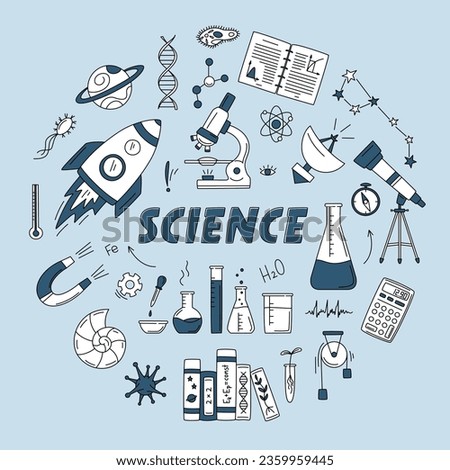 Science doodle set in circle with rocket, constellation, telescope, microscope, flask, books, DNA, magnet, planet, radio telescope in doodle style. Vector monochrome line art sketch.