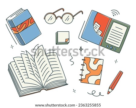 Sketch books and stationery. Vintage library doodle vector collection.  Illustration of stationery book and notebook paper, pen and glasses Stock  Vector Image & Art - Alamy