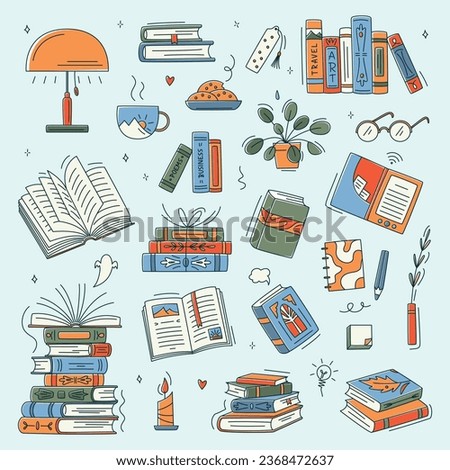 Doodle book colourful collection. Educational Vector illustration, books set icon. Stack of books, glasses, lamp, vertical books. Reading books concept. World book day. Minimalism, line art.