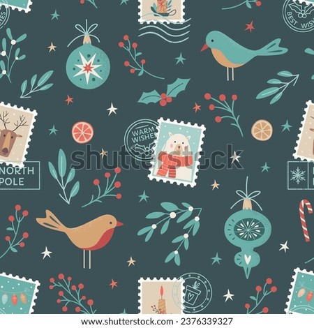 Christmas seamless pattern. Santa mail. X-mas seals, postage stamps, berry branches, mistletoe, stars, Christmas decorations and birds. Holiday vector background for wrapping paper, textile, cards