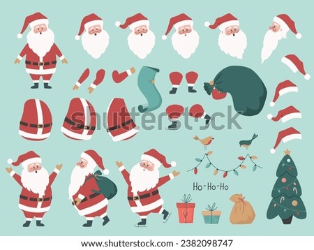 Santa Claus character set for the animation with various views, beard style, emotion, pose and gesture. Santa in different keyframes and decoration elements. Santa claus with beard in xmas costume.