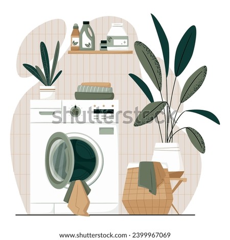 Laundry room with washing machine, basket with dirty clothes, detergents, towels and home plant. Japandi or Scandinavian interior. Eco Friendly home