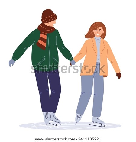 Couple Winter Date. Ice skating, winter sport, flat vector illustration isolated on white. Young couple on holiday, weekend on ice rink, winter vacation, outdoor activity. Romantic Spare time