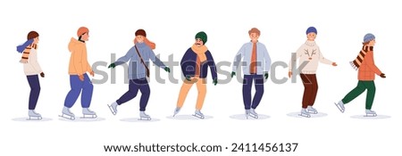 Set of people ice skating, winter sport activity, flat vector illustration isolated on white. Young men and women in warm clothes on holiday, weekend on ice rink, winter vacation, outdoor activity