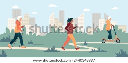 Energetic gray haired elderly women and man, Healthy lifestyle. Elderly woman running with headphones. Elderly woman practice nordic walking. Elderly woman rides electric scooter. Vector Illustration