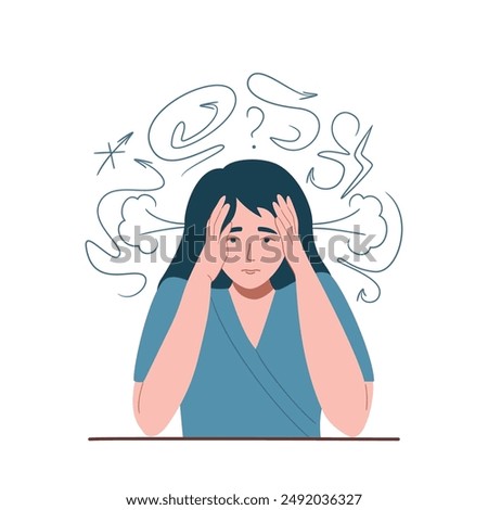 Stress, Anxiety, Mental disorder, Confusion, Depression concept. Frustrated young woman touch head surrounded by think. Mind Health Problem, Mental Disease. Isolated flat vector illustration