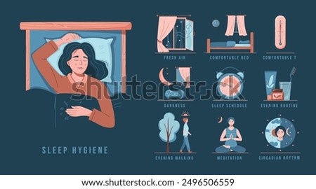 Sleep hygiene set. Young woman sleeping in the bed. Fresh air, comfortable bed, comfortable temperature, darkness, sleep schedule, evening routine, evening walking and meditation, circadian rhythm. 