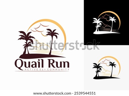 Logo illustration of coconut tree with beach atmosphere, beach plant vector, sunset landscape design.