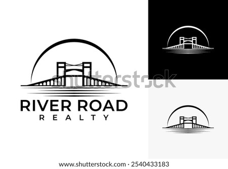 Vector illustration of the architectural silhouette logo of a bridge building with lake water strokes.