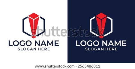 Illustration of Building vector logo icon with exclamation mark and hexagonal symbol.