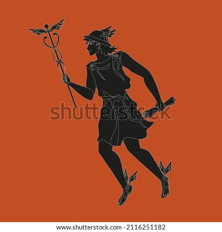 Hermes, Mercury, Greek Olympian deity of merchants, commerce, sly divine trickster. Agile messenger, smiling handsome young man in tunic, helmet, winged sandals, with scroll and caduceus