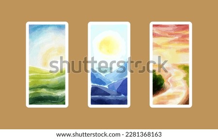 Watercolor landscapes triptych. Simple vertical aquarelle sketches, summer nature views with sun. Various day times - morning, afternoon, evening. Collection of scenery illustrations