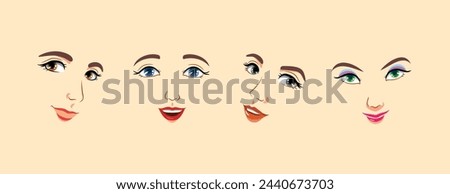 Cartoon, anime faces at various angles. Positive smiling women. Types of temper, expressions