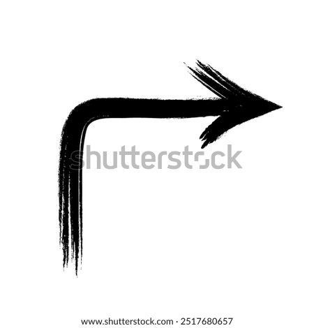 Hand drawn black grunge bent arrow to the right, bold brush stroke. Modern graffiti design element