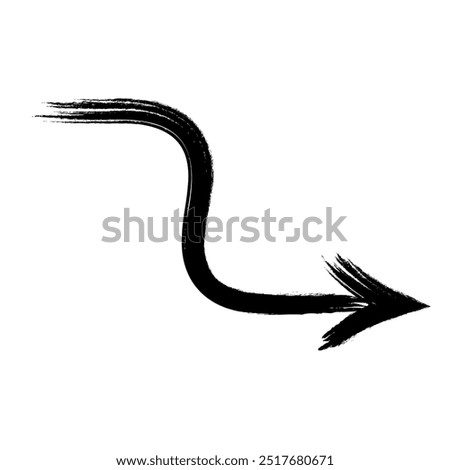 Hand drawn black grunge stepped serpentine arrow, pointing down, bold brush stroke. Modern graffiti design element