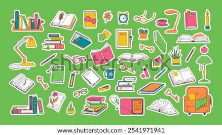 Books and stationery, interior items, all reading related stickers. Retro cartoon colored object set