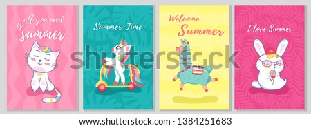 	
Summer template card set with cat, llama, unicorn, bunny and kitty rabbit