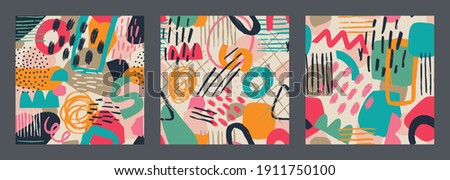 Set of Hand drawn various shapes and leaves, spots, dots and lines. Different colors. Abstract contemporary seamless pattern. Modern patchwork illustration in vector