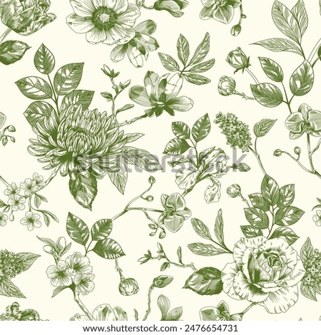 Abstract modern floral seamless pattern with hand drawn flower in Toile de jouy style. Retro elegance repeat print. Vintage design for fabric, wallpaper or wrapping