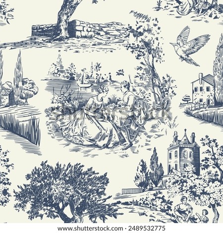 Abstract Victorian seamless pattern with hand drawn illustration with country life, couple villager in Toile de jouy style. Retro elegance blue Chinoiserie print. Vintage wallpaper for bedroom kitchen