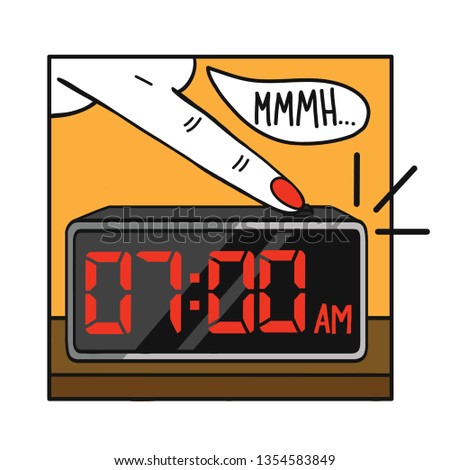 young woman pressing snooze button on early morning digital alarm clock radio