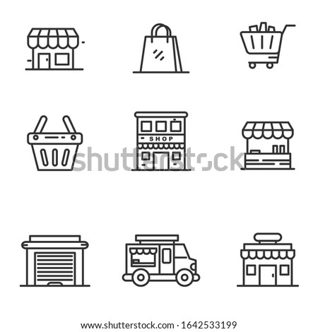 Set of store and shopping icons in black thin line design isolated on white background 