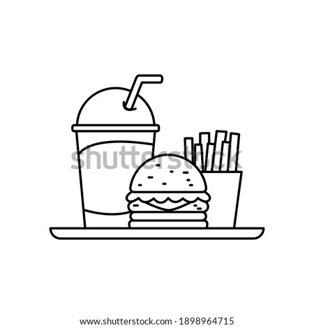 Burger, fries and soda vector illustration in simple line art design isolated on white background. Linear style of fast food icon