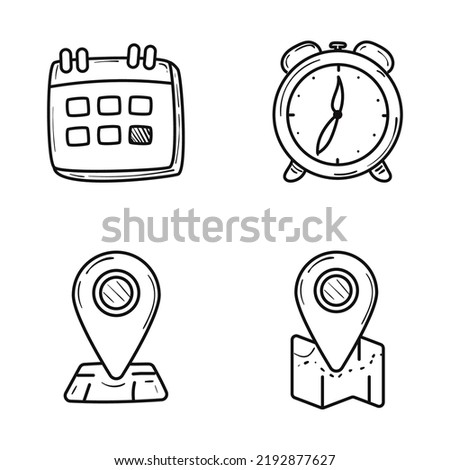 Set of time and location icon with doodle style isolated on white background