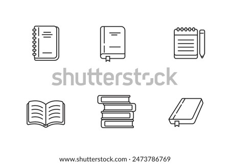 Set of book icons with thin line design on a white background