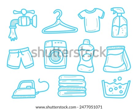 Set of laundry doodle illustrations with blue color. Hand-drawn laundry vector collection 