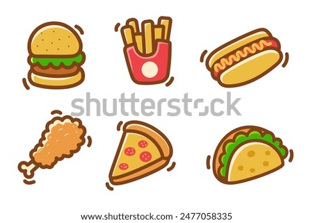 Set of fast food colorful doodles on a white background. Fast food cartoon elements collection