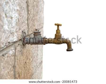 Just an old faucet on a stone wall with a clear background.