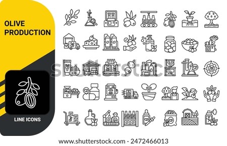 Olive production icon set. Such as cream, washing, oil tank, branch, harvest, press machine, jar, factory, filter, quality control, soap, shampoo, fertilizer, , lotion, sun cream and more vector icons